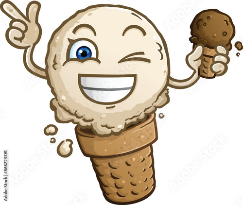 Vanilla flavored ice cream cone cartoon character pointing and winking and holding a blue chocolate flavored frozen treat on a hot summer day