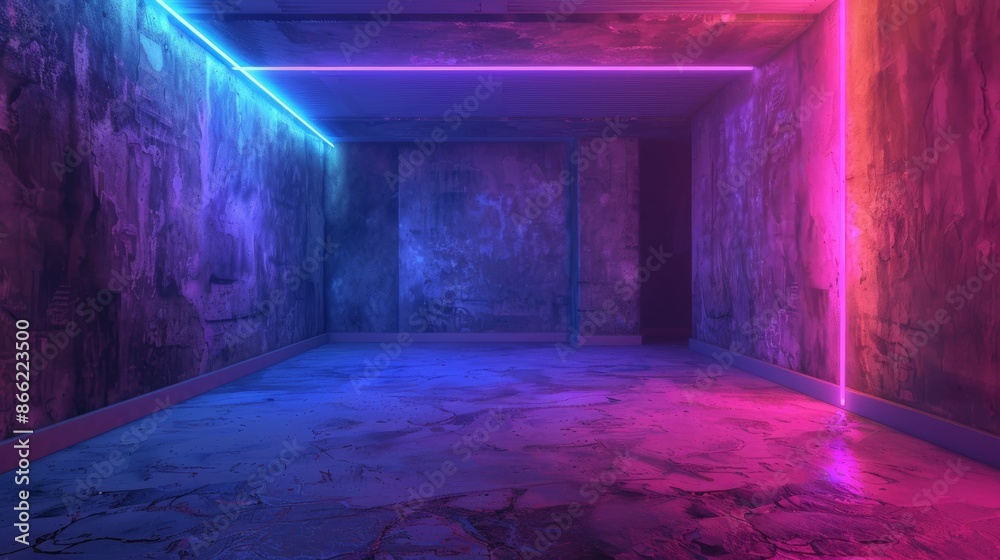 Neon lights illuminate a concrete room with a grunge aesthetic. Neon lights illuminate a concrete room with a grunge aesthetic.