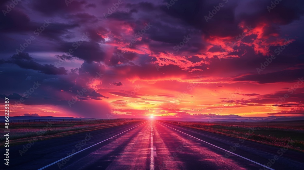 An empty highway stretching into the distance under a dramatic sunset sky with clouds illuminated in shades of red and purple An empty highway stretching into the distance under a dramatic sunset sky with clouds illuminated in shades of red and purple