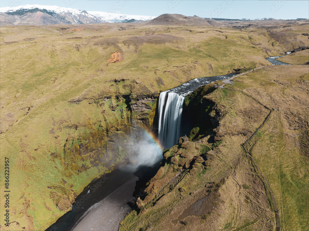 View from above, stunning aerial view of the spectacular Skógafoss Waterfall in South-Iceland. Skógafoss is one of the biggest waterfalls in Iceland.