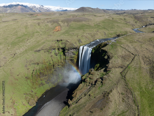 Obraz na płótnie View from above, stunning aerial view of the spectacular Skógafoss Waterfall in South-Iceland. Skógafoss is one of the biggest waterfalls in Iceland. w salonie
