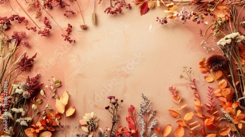 Autumn themed arrangement of dried flora on light brown backdrop Floral border with copy space