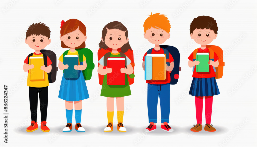 A colorful back to school banner with children holding books and backpacks, in a whimsical cartoon style, bright colors