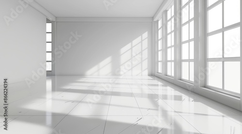Bright modern empty white room with large windows and sunlight