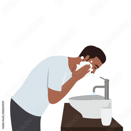 Young man in bathroom washing cleansing for acne facial treatment. Flat vector illustration isolated on white background