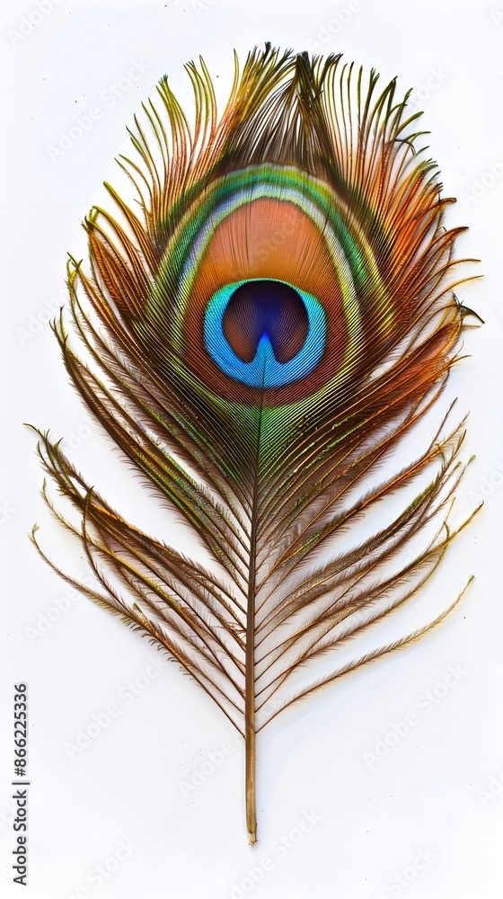 Obraz premium Vibrant Peacock Feather with Captivating Colors on Pristine White Background Symbolizing Natural Beauty