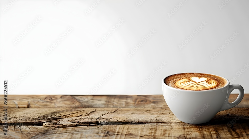 Steaming Cup of Latte Art on Rustic Wooden Table with White Background