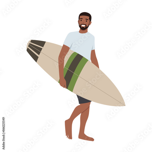 Young surfer and his surfboard ready to surf while walking. Flat vector illustration isolated on white background