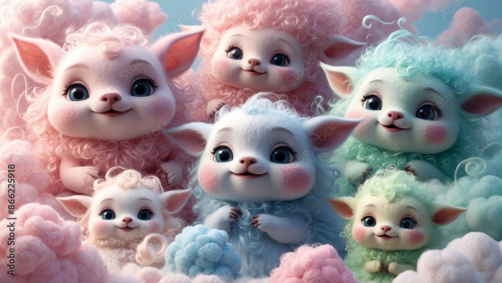 Six fluffy lambs with big, blue eyes and pink cheeks smile in a cloud setting
