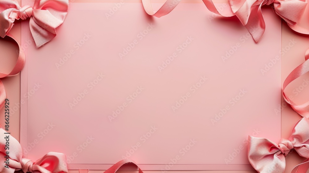Elegant Pink Ribbon Frame with Bow Decorations on Pastel Pink Background Elegant Pink Ribbon Frame with Bow Decorations on Pastel Pink Background