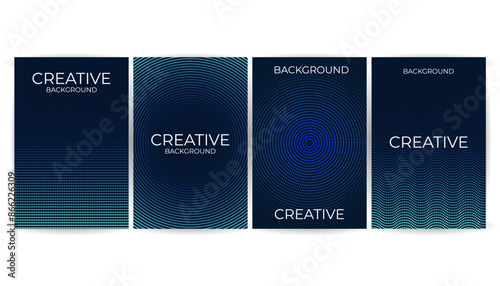 set of four abstract backgrounds featuring concentric dot patterns in varying shades of blue and green on dark blue backdrops.