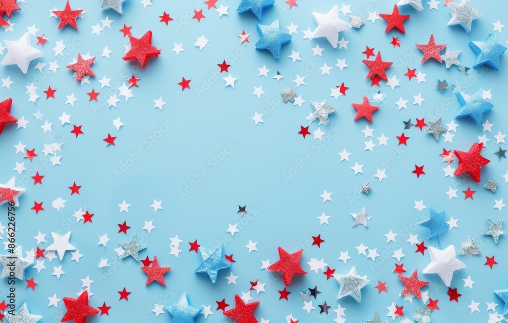 Festive red, white, and blue star decorations on a light blue background Festive red, white, and blue star decorations on a light blue background