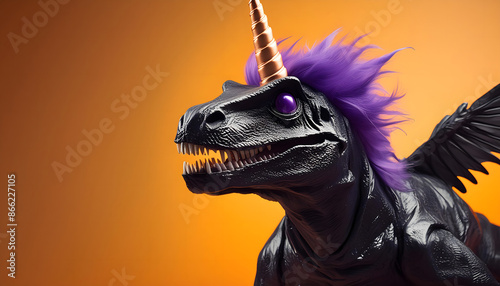 halloween, dinosaurier, close up, im, kostüm, maskerade, Einhorn, flügel, fledermaus, neu, neon, 3d, orange-lila, cartoons, karte, gestalten, copy space, Monster, zombie, horror, fantasie, design, ad, photo