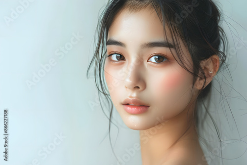 肌のきれいなアジア人モデル、背景白
