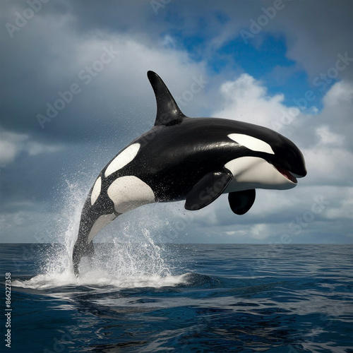 An orca whale jumping out of the ocean water