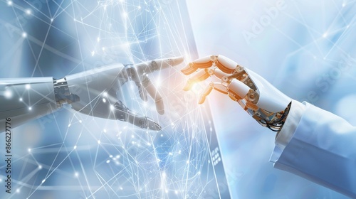 Close-up of human and robot hands connecting with holographic data streams in the background, illustrating AI collaboration