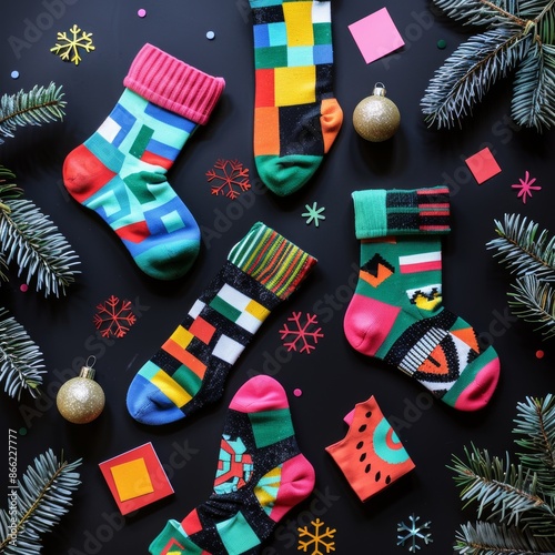 Colorful Christmas Socks with Geometric Patterns Amidst Festive Decorations