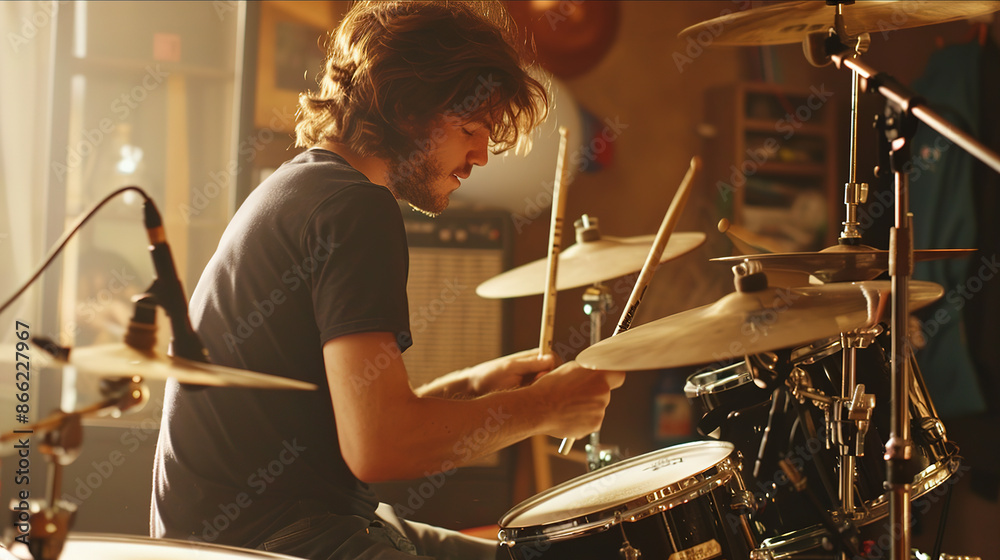 Fototapeta premium Dynamic Drummer Performing Live Music on Drums with Passion and Precision.