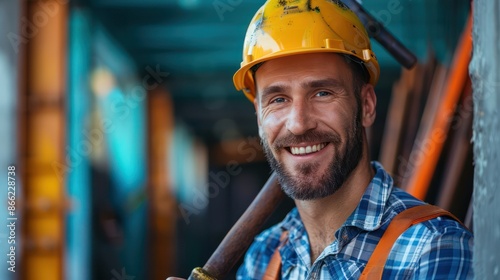 A man wearing a yellow hard hat and a blue plaid shirt is smiling