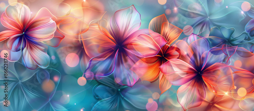 Light abstract neon background with flowers in blue, orange, purple colors