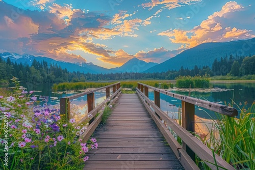 Serene Landscape. Wooden Path on One Mile Lake with Dramatic Sunrise Sky in Beautiful Pemberton, British Columbia © Alona