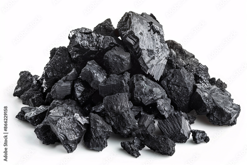 A pile of black coal pieces displayed on a white background A pile of black coal pieces displayed on a white background