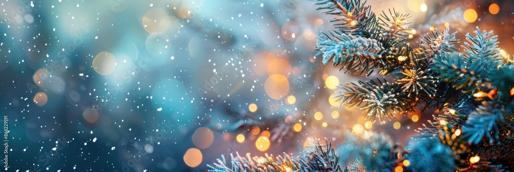Winter Holiday Tree. Christmas Abstract Background with Snowy Fir Tree and Garland Lights Winter Holiday Tree. Christmas Abstract Background with Snowy Fir Tree and Garland Lights