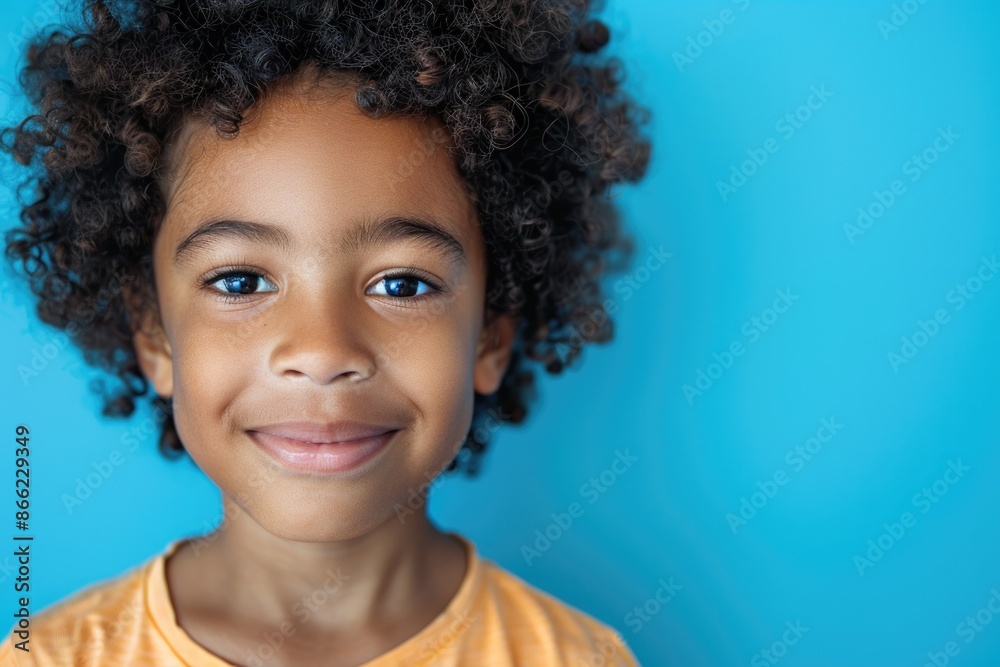 Kid Boy. African American Child Smiling Joyfully in Portrait on Blue Background Kid Boy. African American Child Smiling Joyfully in Portrait on Blue Background