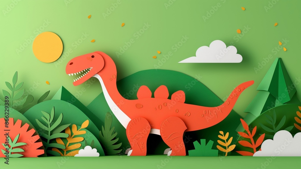 Illustration of a papercraft dinosaur walking through green landscape with sun and clouds. Illustration of a papercraft dinosaur walking through green landscape with sun and clouds.