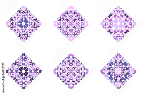 Ornate isolated floral square symbol template set - squared colorful abstract ornamental vector graphic elements from curved shapes