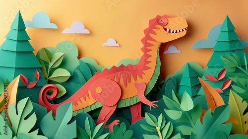 Fototapeta Naklejka Na Ścianę i Meble -  Illustration of a papercraft dinosaur in a green forest landscape.