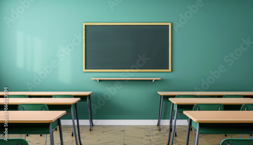 Retro classroom with chalkboards and vintage desks, muted tones, nostalgic, illustration © Wonderful Studio