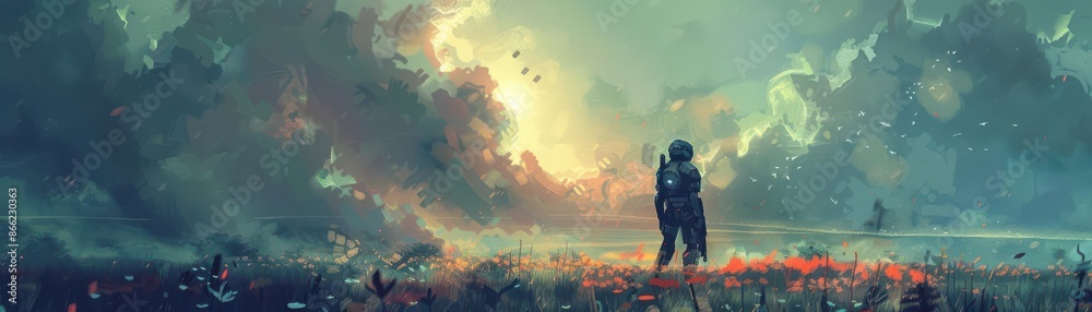 A cybernetic soldier standing between a wartorn battlefield and a peaceful meadow, Cyberpunk, Dark and bright tones, Illustration, blending conflict and tranquility A cybernetic soldier standing between a wartorn battlefield and a peaceful meadow, Cyberpunk, Dark and bright tones, Illustration, blending conflict and tranquility