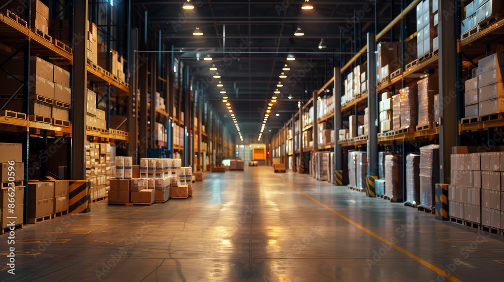 Spacious warehouse with shelves and boxes on both sides.