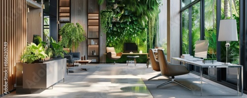 A modern office lounge with a lush vertical garden, sleek furniture, and natural light, Contemporary, Green and neutral tones, 3D rendering, emphasizing sustainability and comfort photo