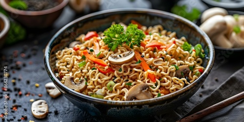 Classic Meal Choice Asian Instant Noodles with Shiitake Mushrooms and Vegetables. Concept Asian cuisine, Instant noodles, Shiitake mushrooms, Vegetables, Classic meal