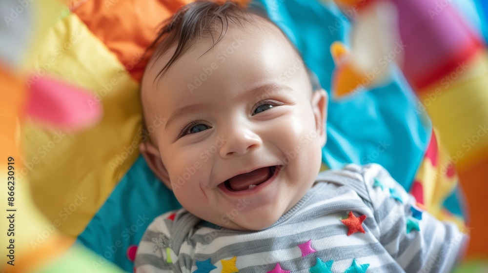 Obraz premium Delightful baby boy with a toothless smile lying on a colorful play mat