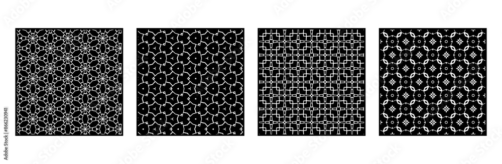 Set of 4 Oriental black and white pattern for fabric, wallpaper, flyer, business card. For use in graphics. Set of 4 Oriental black and white pattern for fabric, wallpaper, flyer, business card. For use in graphics.
