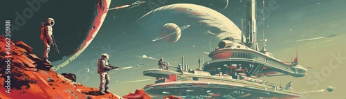 A retro space station orbiting a distant planet, with astronauts performing a spacewalk, Retrofuturism, Muted colors, Illustration, blending past and future space exploration