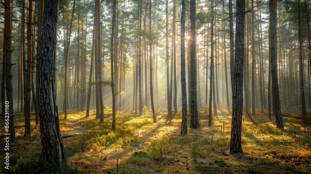 Dense pine forest with a foggy backdrop and scattered light filtering through the branches Dense pine forest with a foggy backdrop and scattered light filtering through the branches
