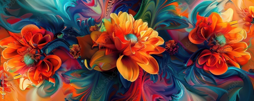 A surreal bouquet with flowers morphing into abstract shapes and patterns, Surrealism, Bright colors, Digital painting, blending nature and fantasy A surreal bouquet with flowers morphing into abstract shapes and patterns, Surrealism, Bright colors, Digital painting, blending nature and fantasy