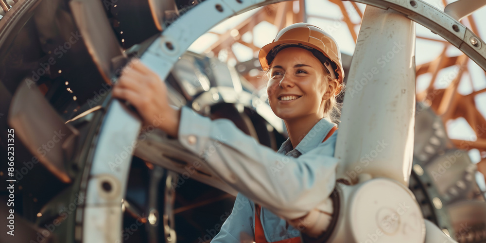 Naklejka premium Junge Technikerin arbeitet an großem Triebwerk