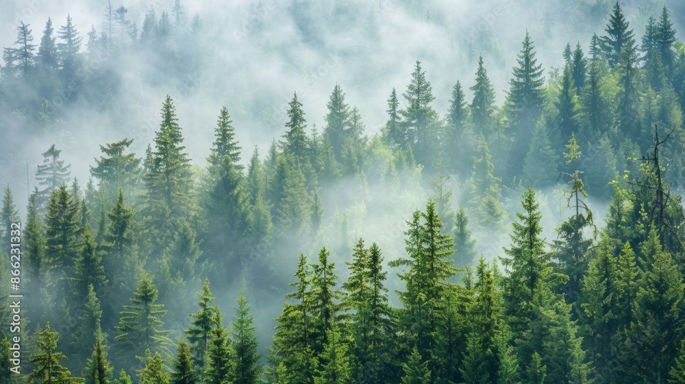 Dense pine forest with a foggy backdrop and scattered light filtering through the branches Dense pine forest with a foggy backdrop and scattered light filtering through the branches