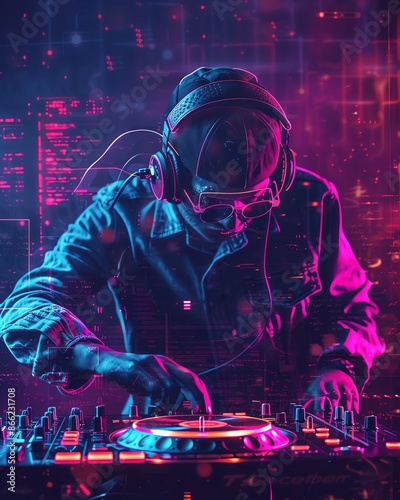 DJ spinning records with a neon background, ample copy space, icons of vinyl records photo