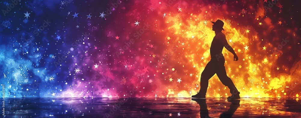 Naklejka premium Silhouette of a hip hop dancer, ample copy space, icons of street art and stars