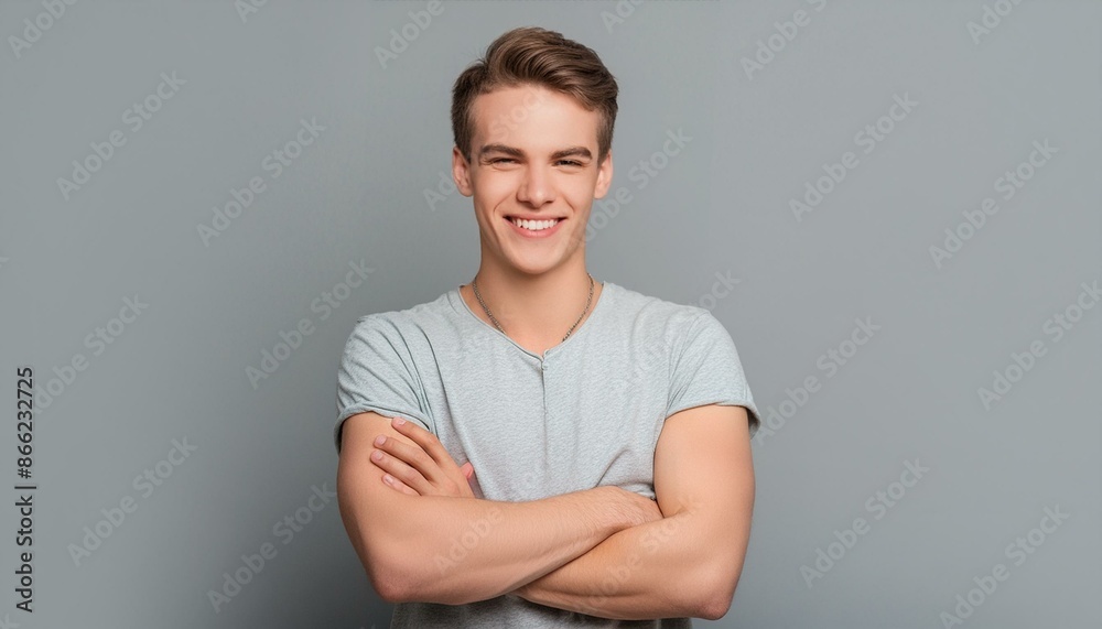 Portrait of handsome smiling young man with folded arms. Smiling joyful cheerful men with crossed hands studio shot Portrait of handsome smiling young man with folded arms. Smiling joyful cheerful men with crossed hands studio shot