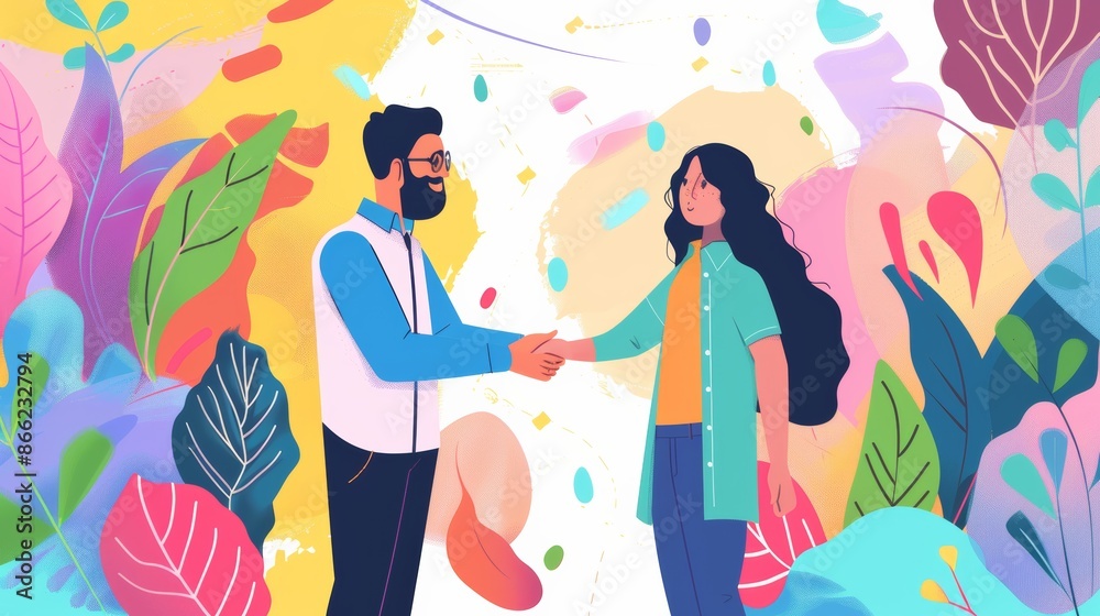 Enthusiastic young manager and new employee engaging in a friendly handshake with a colorful spring backdrop Enthusiastic young manager and new employee engaging in a friendly handshake with a colorful spring backdrop