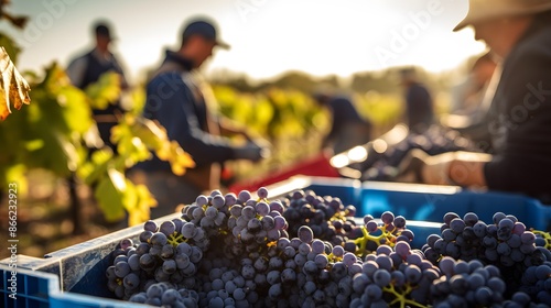 In sun-drenched vineyard a group of people gathers to participate in the annual grape harvest.