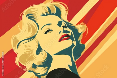 Pop art style illustration of a glamorous woman with blonde hair, red lips, and vibrant background. Retro and contemporary merged in stunning artwork.