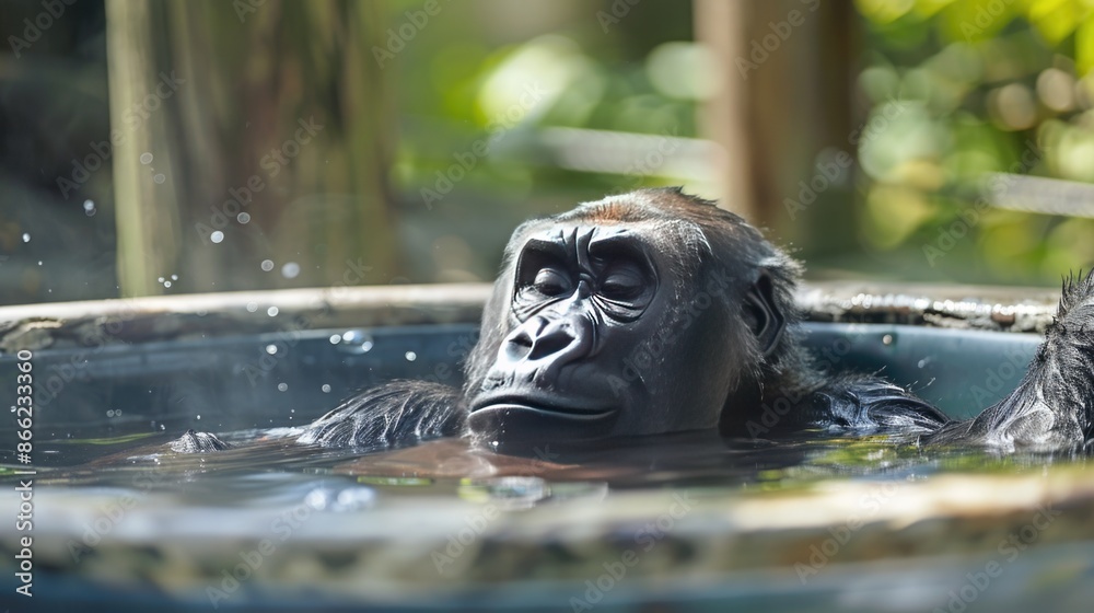 An gorilla a hot bath. An gorilla a hot bath.